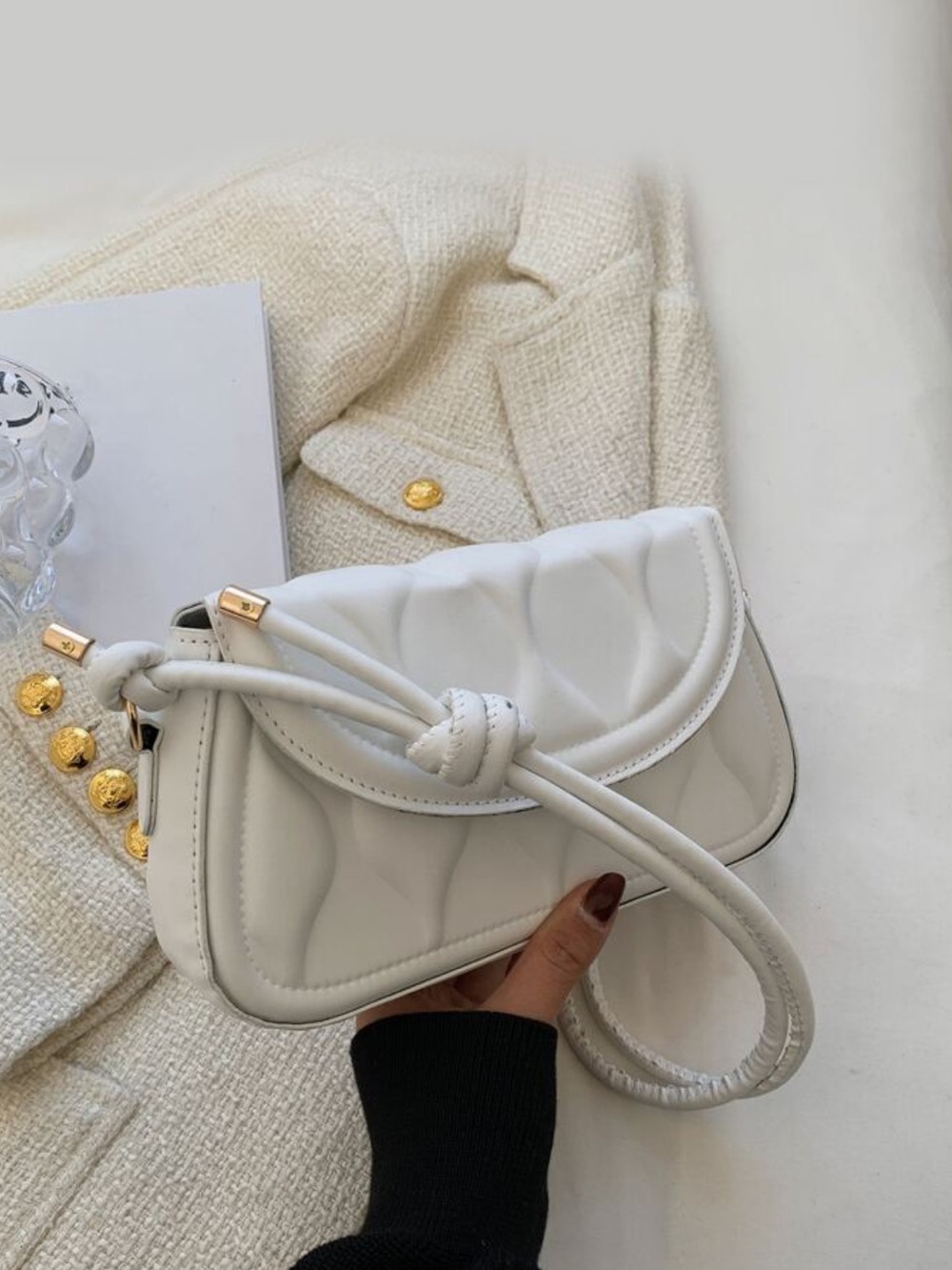 White Quilted Knot-Detail Shoulder Bag